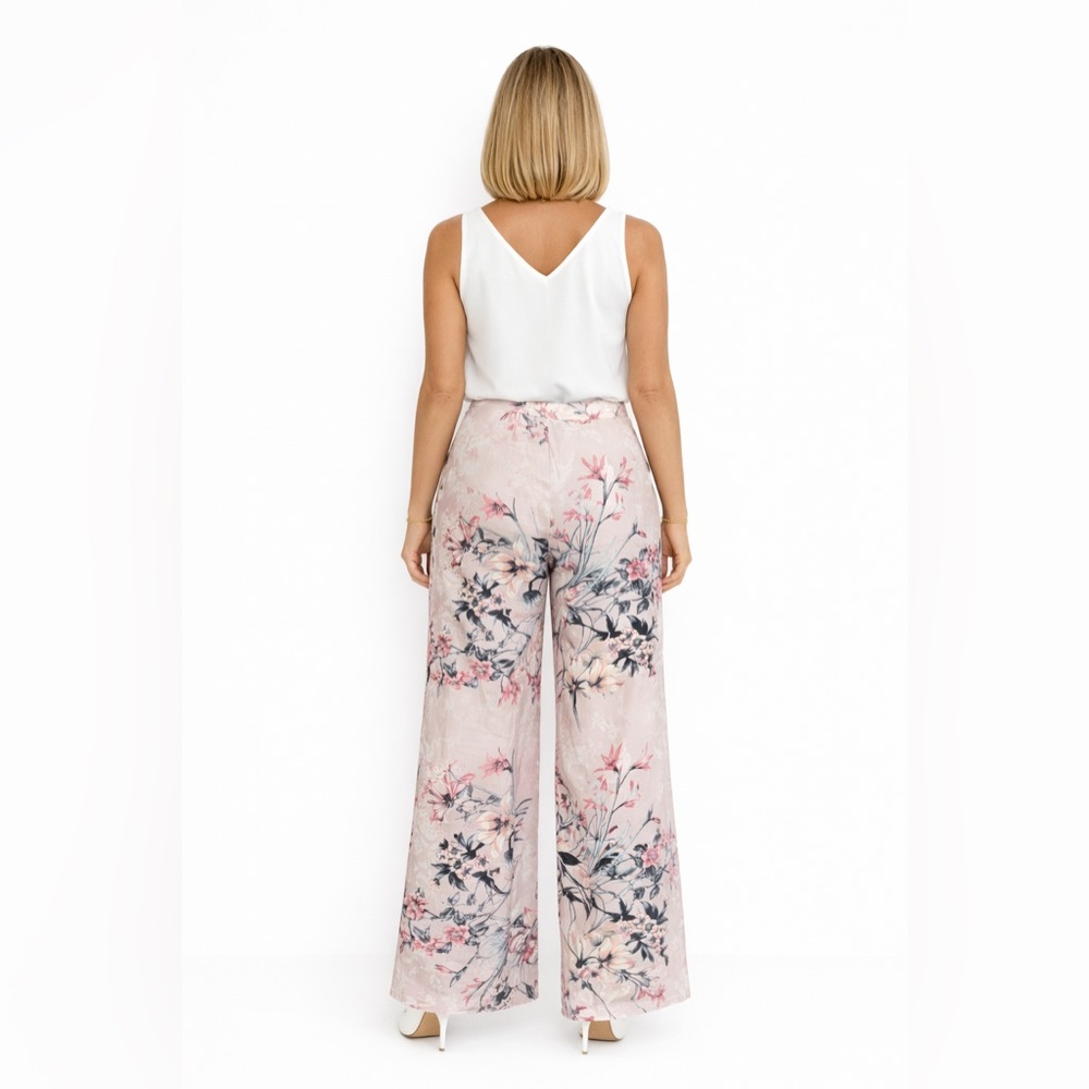 Blush Floral Wide Leg Pants | High Waist Resort Vacation Palazzo - Picture 3 of 5
